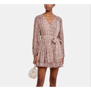 O.P.T. Anthropologie Mini Dress Lea Ditsy Floral Long Sleeve Belted V neck Boho